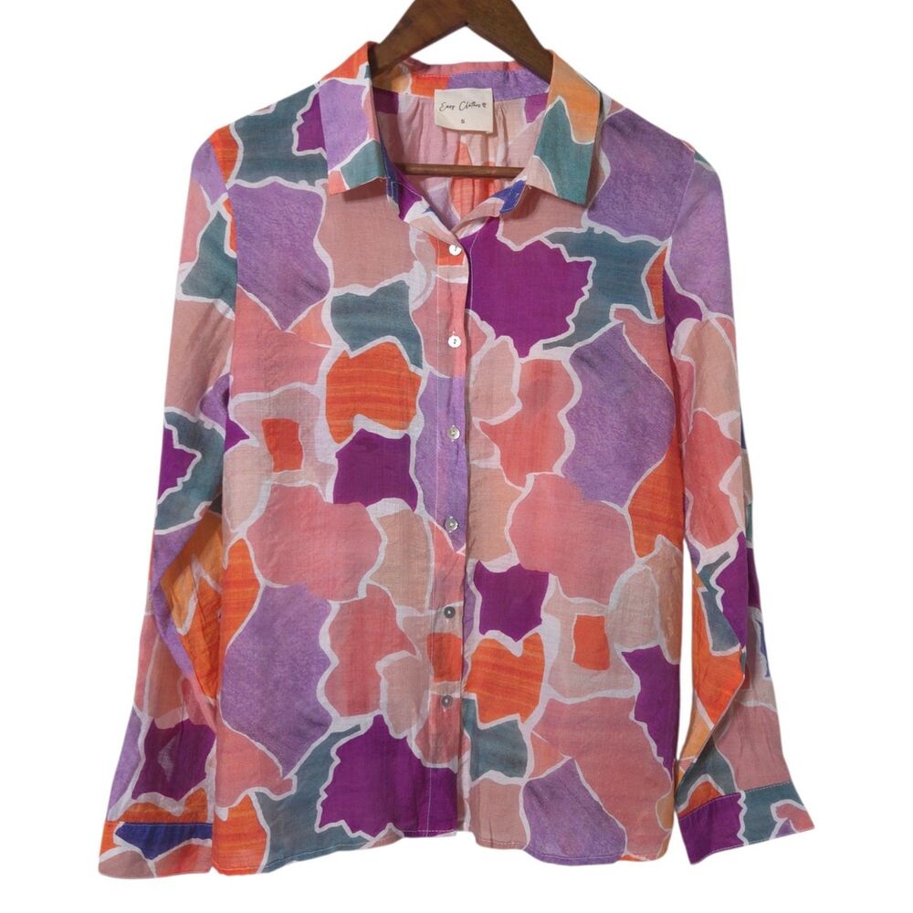 Easy Clothes Bold Floral Button Down Shirt Size S Silk Blend Pastel Lightweight